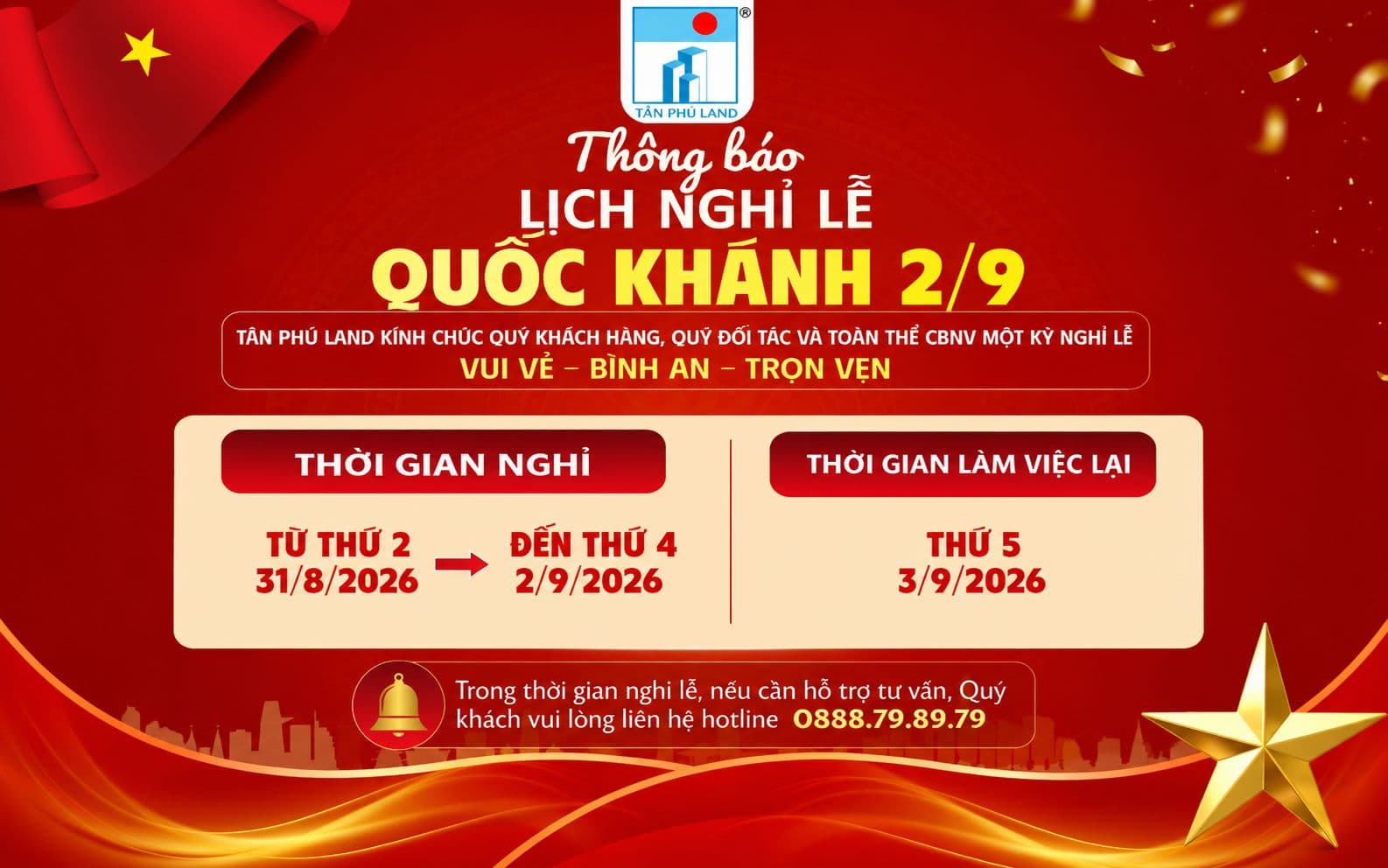 Tân Phú Land thông báo lịch nghỉ lễ Quốc khánh 2/9 năm 2026